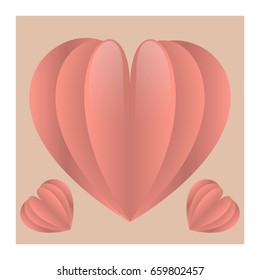 Vector illustration of a cardboard heart of pink hues with highlights and two small hearts in the lower corners on a light brown background