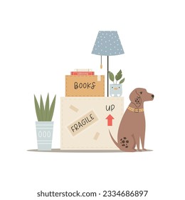 Vector illustration with cardboard, home belongings and dog waiting for moving to a new home, apartment. Relocation, moving service