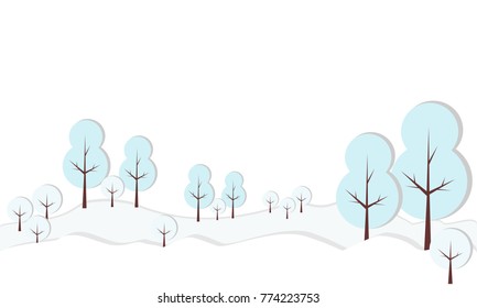 Vector illustration of cardboard paper forest with trees in snow. Winter landscape with trees.