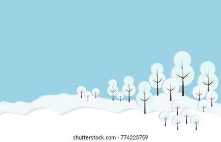 Vector illustration of cardboard paper forest with trees in snow. Winter landscape with trees.