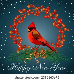 Vector illustration with cardinal bird.Cardinal bird on branches with berries and fir branches with cones on a colored background with text and snow.