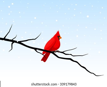 Vector illustration of a cardinal perched on a branch in a snowy winter scene.