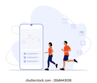 Vector Illustration, Cardio Control Concept, Showing young people walking on cardio control treadmill, Suitable for landing page, UI, web, App intro card, editorial, flyer, and banner