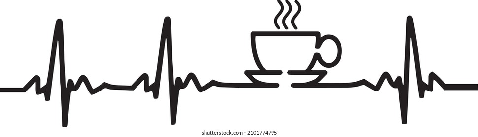 Vector illustration of cardiogram with coffee cup shape. Conceptual design vector. Coffee heartbeat. 