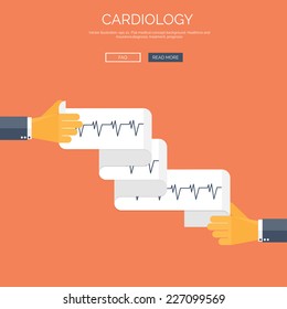 Vector illustration with cardiogram. Flat health care and medical research background. Healthcare system concept. 