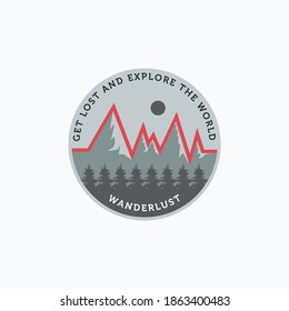 Vector illustration of cardiograph shaped mountain with pine forest and sun logo design
