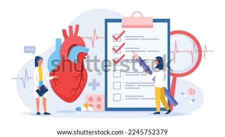 Vector illustration of cardiologist. Cartoon scene with doctors who check the heart for various diseases on white background. Medicine and doctors.