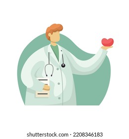 Ilustración vectorial de un cardiólogo con un abrigo blanco con el corazón en las manos. Profesión.