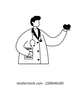 Vector illustration of a cardiologist in a white coat with a heart in his hands. Profession.
