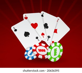 Vector illustration of cards and chips on red background