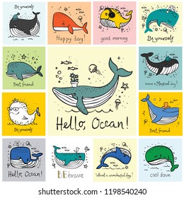 Vector illustration cards with cute whales and funny hand drawn quotes