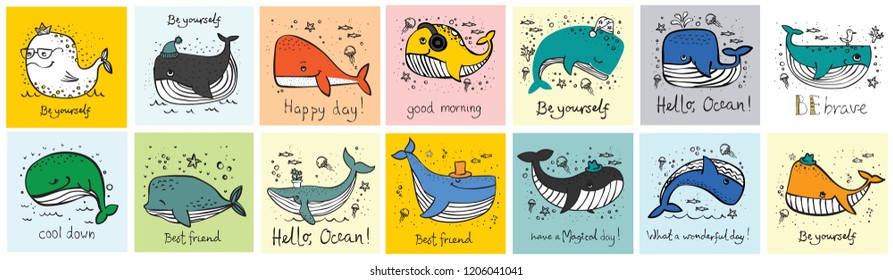 Vector illustration cards with cute whales and funny hand drawn quotes