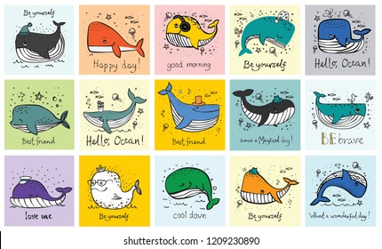 Vector illustration cards with cute whales and funny hand drawn quotes