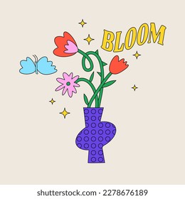 Vector illustration cards with flowers composition in a vase. Naive-style stickers for print or social media.