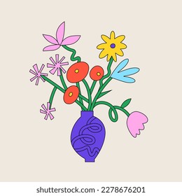 Vektorgrafik-Karten mit Blumenkomposition in einer Vase. Aufkleber im Naivstil für Print- oder soziale Medien.