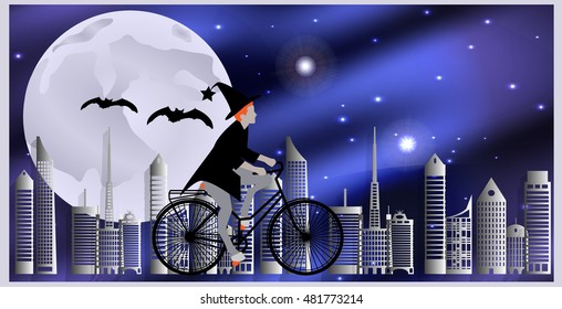 Vector illustration Cards for Halloween. Witch riding a bicycle, followed by flying bats flying over the city on a moonlit night.