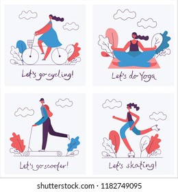 Vector illustration cards of Healthy lifestyle. Roller skate, bicycle, scootering and yoga sport design elements in flat style with funny motivate quote