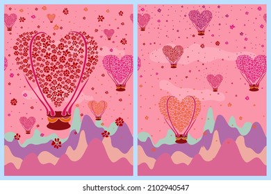 Vector illustration for cards, posters and flyers for valentine's day. Romantic collection for your design. The flight of balloons of flowers over the mountains.