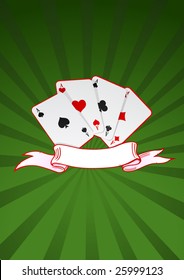 Vector illustration of cards and ribbon on green background
