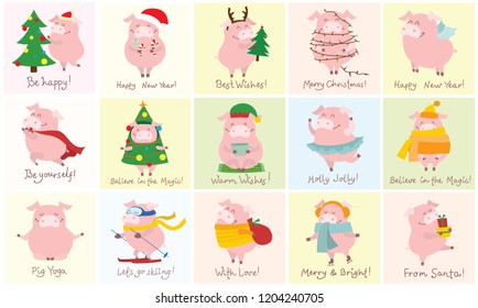 Vector illustration cards with the symbol of the year - yellow pig with christmas gifts and funny hand drawn christmas greeting