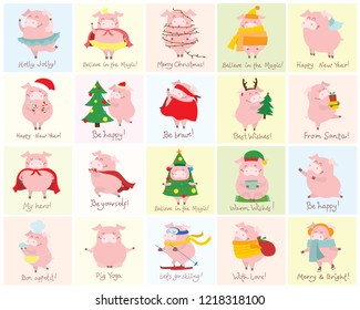 Vector illustration cards with the symbol of the year - yellow pig with christmas gifts and funny hand drawn christmas greeting