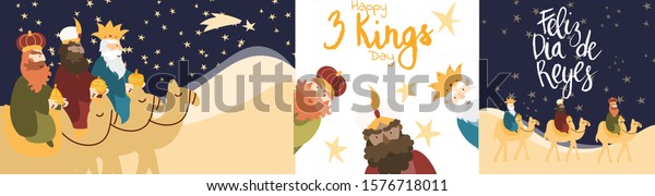 Vector illustration cards template set for Epiphany celebration. Cute cartoon character of three wise men. Caption translation: Happy Three Kings Day