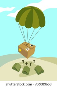 Vector Illustration Of A Care Package Air Dropped By Parachute To Deployed Soldiers At A Military Base. Simple Contemporary Flat Vector Style.