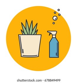 Vector illustration. Care of plants. Pot with a bush and a sprayer