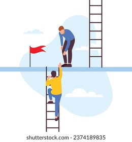 Vector illustration of career growth, climbing the stairs to the top. Cartoon scene with a man climbing stairs, a man at the top reaching out to him and a red flag isolated on a white background.