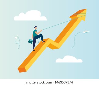 Vector Illustration, Career Rise To Success, Flat Color Icons, Businessman Fussing Over The Rope Flies Up An Arrow, Business Analysis-vector