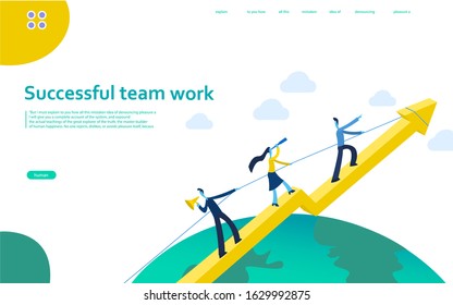 Vector illustration, career rise to success, flat color icons, businessman and businesswoman  fussing over the rope flies up an arrow, vector