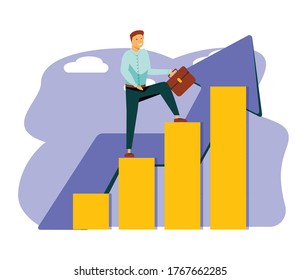  Vector illustration, career rise to success, flat color icons, businessman fussing over the rope flies up an arrow, business analysis-vector. Vector illustration