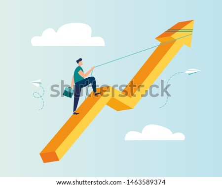 Vector illustration, career rise to success, flat color icons, businessman fussing over the rope flies up an arrow, business analysis-vector