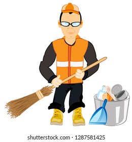 Vector illustration of the caretaker men taking away rubbish with broom