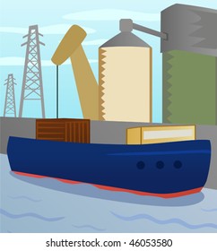Vector illustration cargo boat on background of port area