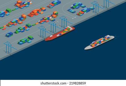 A vector illustration of a cargo port in isometric format. Editable with objects logically layered. The scene features containers, cranes, etc./Isometric Cargo Port