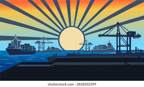 Vector illustration of a cargo port landscape at sunset with container ships and cranes silhouette