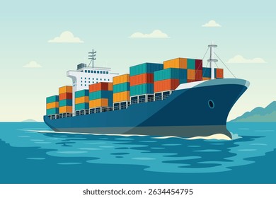 A vector illustration of Cargo Ship Carrying Containers in the Sea