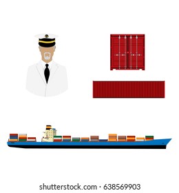 Vector Illustration Of Cargo Ship With Containers. Old Sea Captain In White Uniform. Sailor. Seaman. Cargo Container Front Or Back And Side View. 