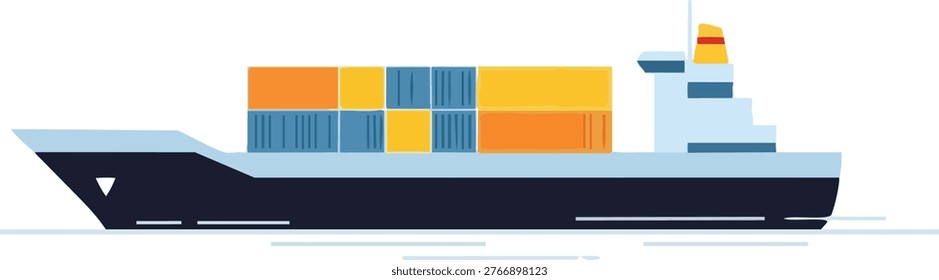 Vector illustration of a cargo ship transporting shipping containers, showcasing global trade and maritime transport.