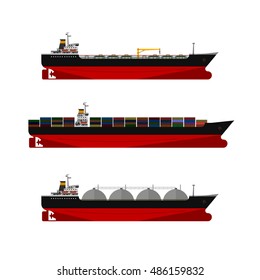 Vector illustration. cargo ships set. Oil, gas tanker. Container ship.