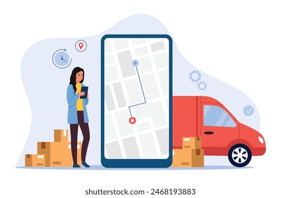 Vector illustration of cargo transportation.Cartoon scene of a girl holding a tablet,a smartphone with an image of a point from one city to the destination,a parcel will be delivered, cardboard boxes.