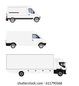 Vector illustration cargo truck and two minivan. Truck with white container. Delivery transport set, collection. Delivery service icon. Delivery van