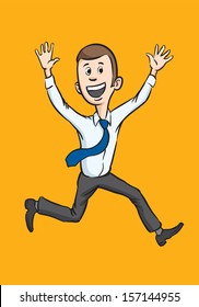 Vector illustration of Caricature cheerful businessman running. Easy-edit layered vector EPS10 file scalable to any size without quality loss. High resolution raster JPG file is included.
