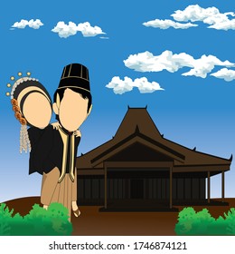 Vector illustration of caricature of a pair of Javanese brides using traditional Javanese clothing, in front of a traditional house (it's called joglo).  Daytime with blue sky