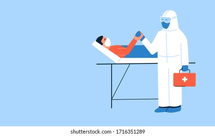 Vector illustration. Caring doctor in white protective suit and patient holding hands. Man lying in hospital bed. Together we are strong. Place for text. Thank you doctors. Coronavirus COVID-19