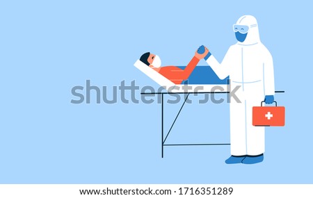 Vector illustration. Caring doctor in white protective suit and patient holding hands. Man lying in hospital bed. Together we are strong. Place for text. Thank you doctors. Coronavirus COVID-19