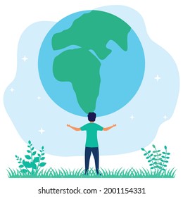 Vector illustration of caring for the earth as environmental ecology concept and green planet. Ecosystem climate awareness. Conservation of natural biodiversity as protection or preservation.
