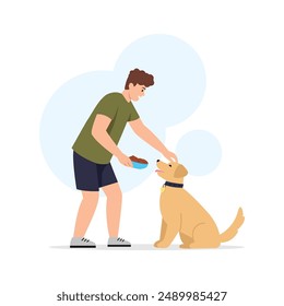 Ilustración vectorial de un hombre que se preocupa de alimentar a un perro. Escena de caricatura de un niño sosteniendo un tazón de comida a un perro labrador con un collar de medallón de oro aislado sobre un fondo blanco. De buen corazón para los animales.