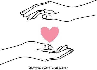 Vector illustration of caring hands icon with heart shape, silhouette style, compassion symbol, and emotional support design element
